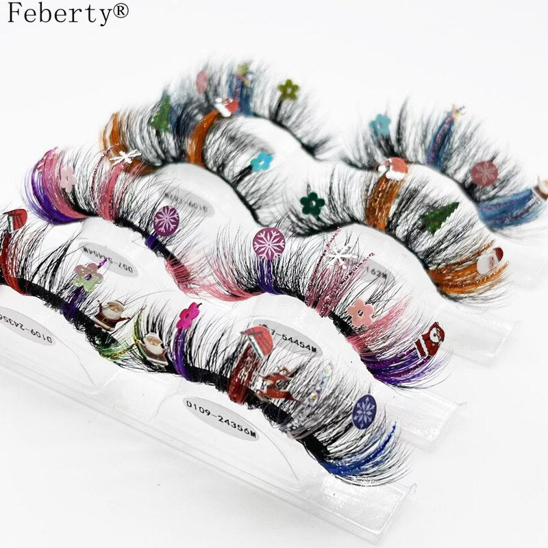 Glitter Lashes With Christmas cartoon On Them Full Strip Christmas Party Cosmetics False Eyelash Colored lashes