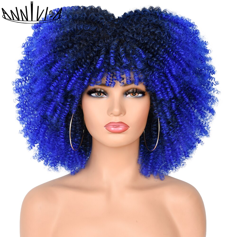 Short Hair Afro Kinky Curly Wigs With Bangs for Black Women Synthetic Ombre Glueless Cosplay Natural Brown Black Pink