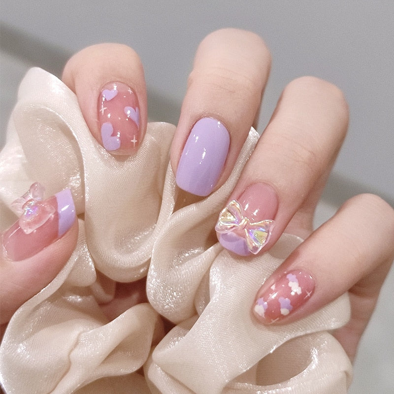 24Pcs Cute Short Square Head False Nails Pink Heart 3D Bow Design Fake Nail with Pearl Rhinestones Full Cover Press on Nail Tip