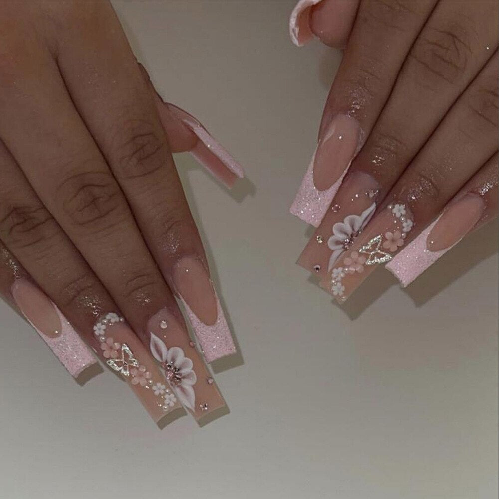 24Pcs Purple Butterfly French False Nails Long Ballerina with Rhinestones Wearable Fake Nails Glitter Press on Nails Tips Art