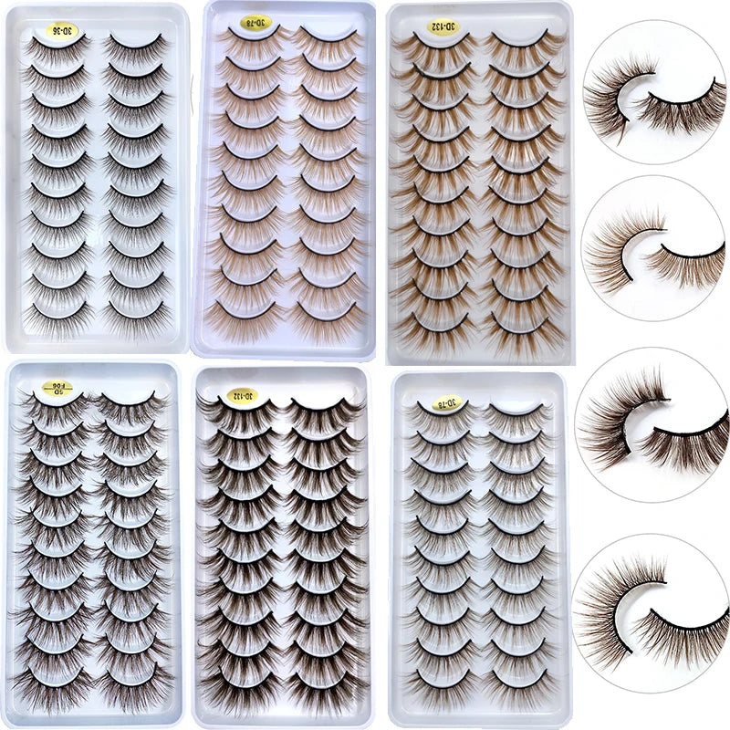 10 Pairs Natural Brown Eyelashes 3D Korea Silk Fiber Colored Blond Lashes Fluffy Cilia