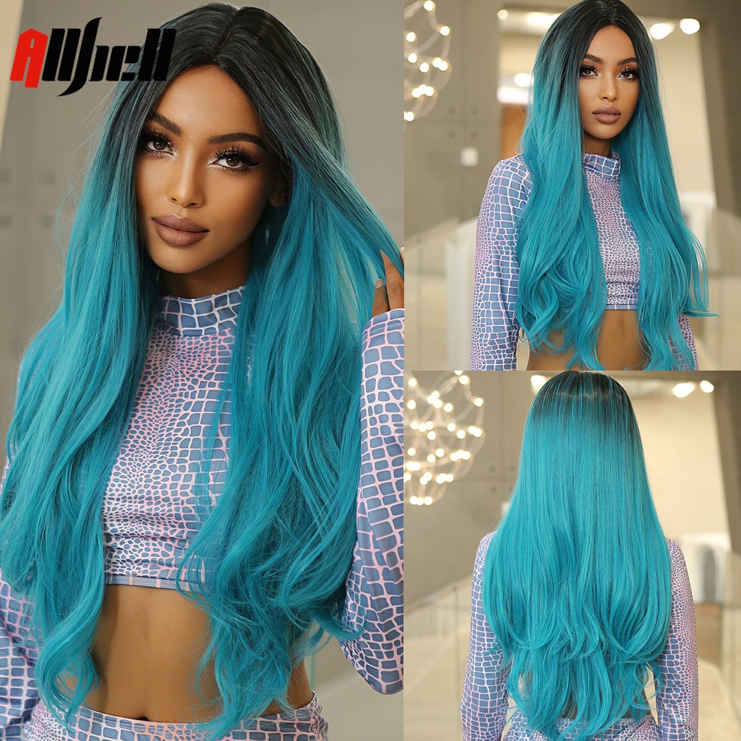 Blue Ombre Long Cosplay Synthetic Wigs with Dark Root Body Wavy Natural Hair Wigs for Woman Halloween Party Use Heat Resistant