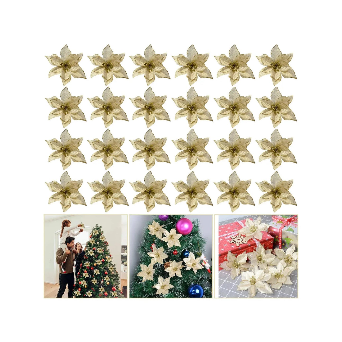 24Pcs Glitter Artificial Christmas Flowers Wedding Christmas Tree Wreaths Ornament Indoor Christmas Decorations Home