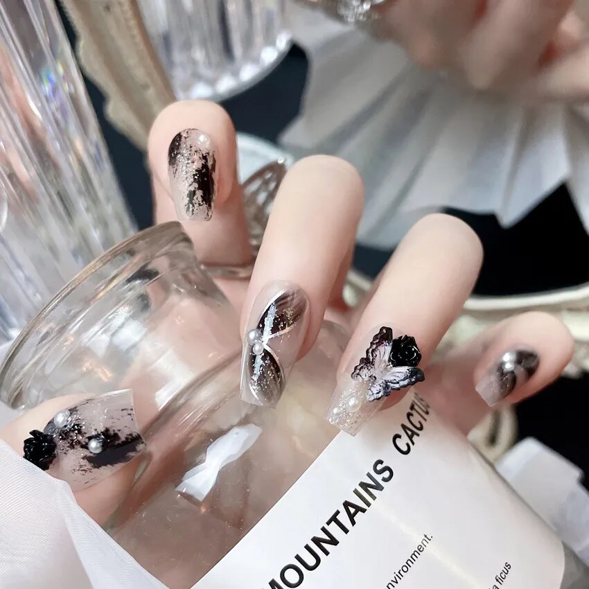 Medium Length Fake Nails 3D Flower Pearl Designs Nude Pink Color Press on Nails Ballerina False Nails for Women DIY Manicure