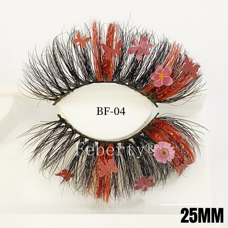 25mm 100% Mink Lashes With Butterflies or flowers glitter colored lashes Full Strip False Eyelash Butterfly Lash