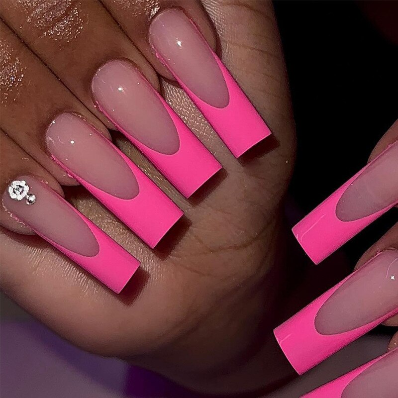 24pcs detachable Extra Long Square head French artificial nails with Diamond acrylic press on nails coffin fake nails with glue