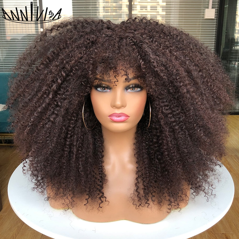 Short Hair Afro Kinky Curly Wigs With Bangs for Black Women Synthetic Ombre Glueless Cosplay Natural Brown Black Pink