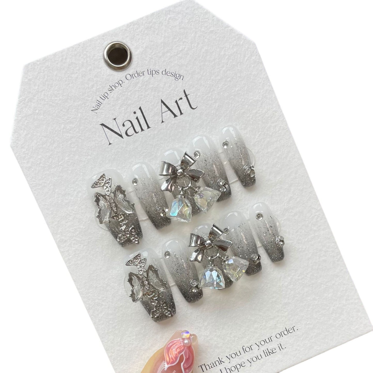 10Pcs Set Grey Gradient Handmade Press On Nails Butterfly Snow False Nails Decoration Rhinestones Fake Nails Tips Art Manicure