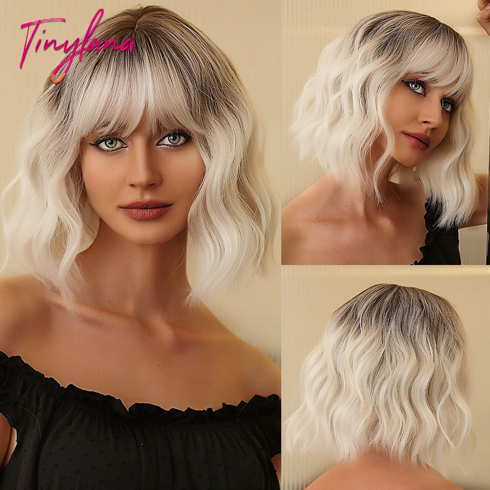 Short Wavy Dark Brown Mixed Golden Wigs with Bangs Black Blonde Bob Synthetic Hair for Women Natural Cosplay Heat Resistant Wig