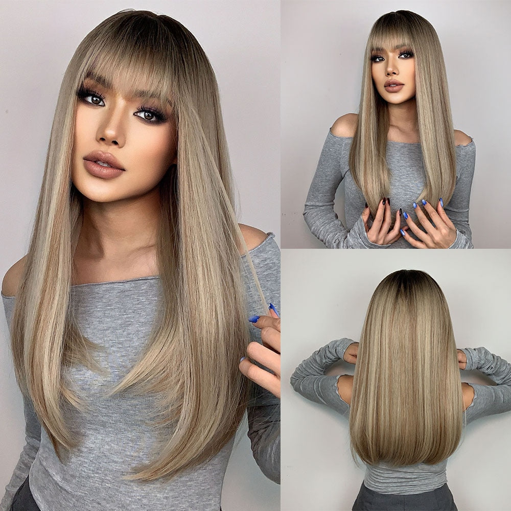 Auburn Layered Wig with Bangs Long Curly Wavy Wig for Women Synthetic Ginger Wig for Daily Party Heat Resistant Hair