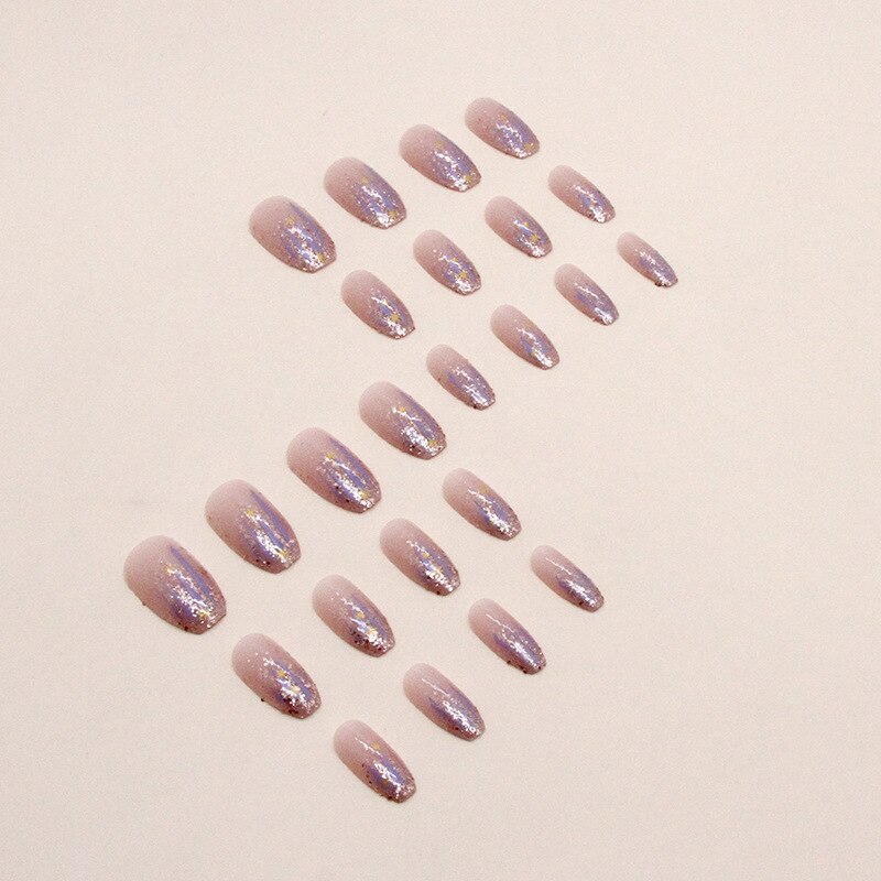 24pcs Wear Nail tips Short Ballet Fake Nails Flash Pink Purple Glitter Aurora French False nail pieces Press On Nails