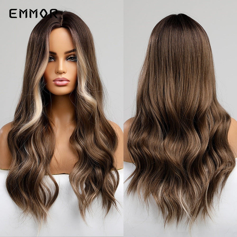 Synthetic Long Wavy Wigs with Bangs Cosplay Natural Ombre Brown to Ash Brown Hair for Women High Temperature Fiber Wig