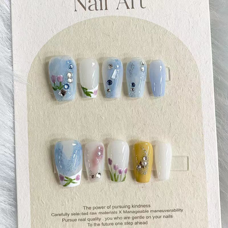 Green Cat's Eye Tulip Wearable Nail Pieces Light Therapy Handmade False Nails Wearing Finished Nails Artistic Patch Decoration