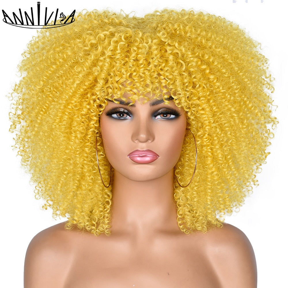 Short Hair Afro Kinky Curly Wigs With Bangs for Black Women Synthetic Ombre Glueless Cosplay Natural Brown Black Pink
