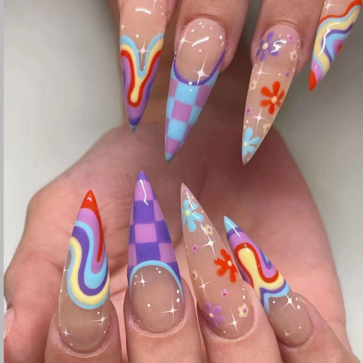 24Pcs Spice Girl Spider Animation False Nails Halloween with Glue French Design Wearable Fake Nails Magic Press on Nails Tips