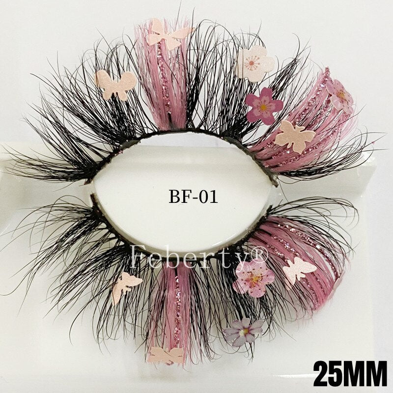 25mm 100% Mink Lashes With Butterflies or flowers glitter colored lashes Full Strip False Eyelash Butterfly Lash
