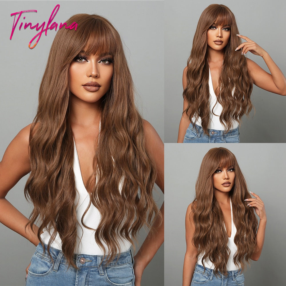 Purple Pink Long Wavy Synthetic Wig with Bangs Cosplay Christmas Halloween Hair Two Tone Ombre Wig For Women Heat Resistant