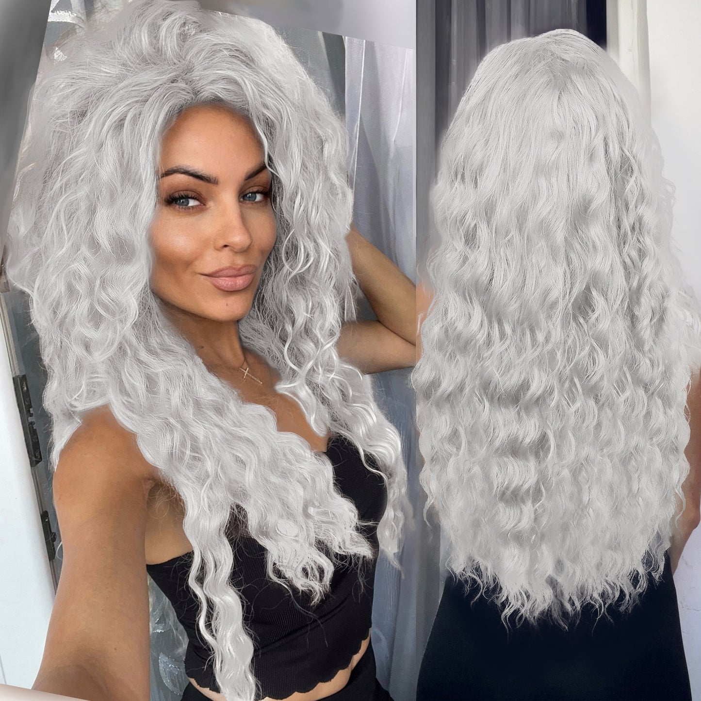 Ash Blonde Wig Synthetic Long Curly Hair Wigs for Women Fluffy Ombre Hairstyle Wave Wig Costume Carnival Party Regular Curly Wig