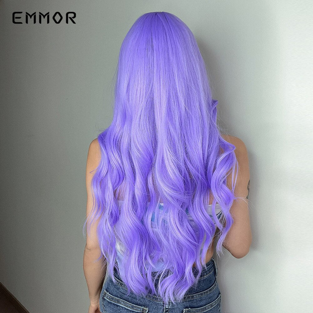 Synthetic Purple Wigs for Women Cosplay Party Lolita Wigs Bangs High Temperature Fiber Natural Long Body Wave Hair Wigs