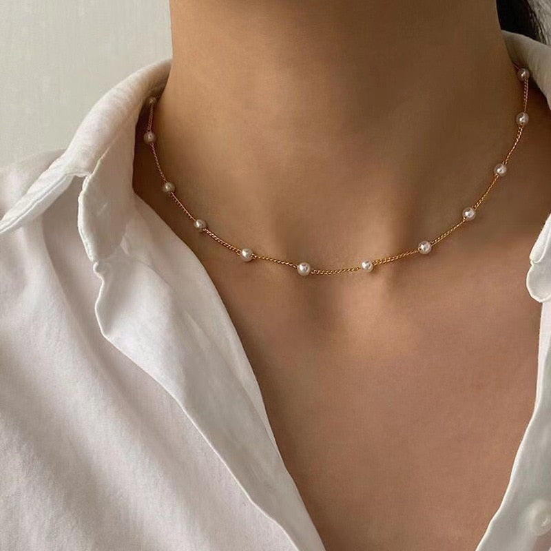 Beads Women's Neck Chain Kpop Pearl Choker Necklace Gold Color Goth Chocker Jewelry On The Neck Pendant Collar