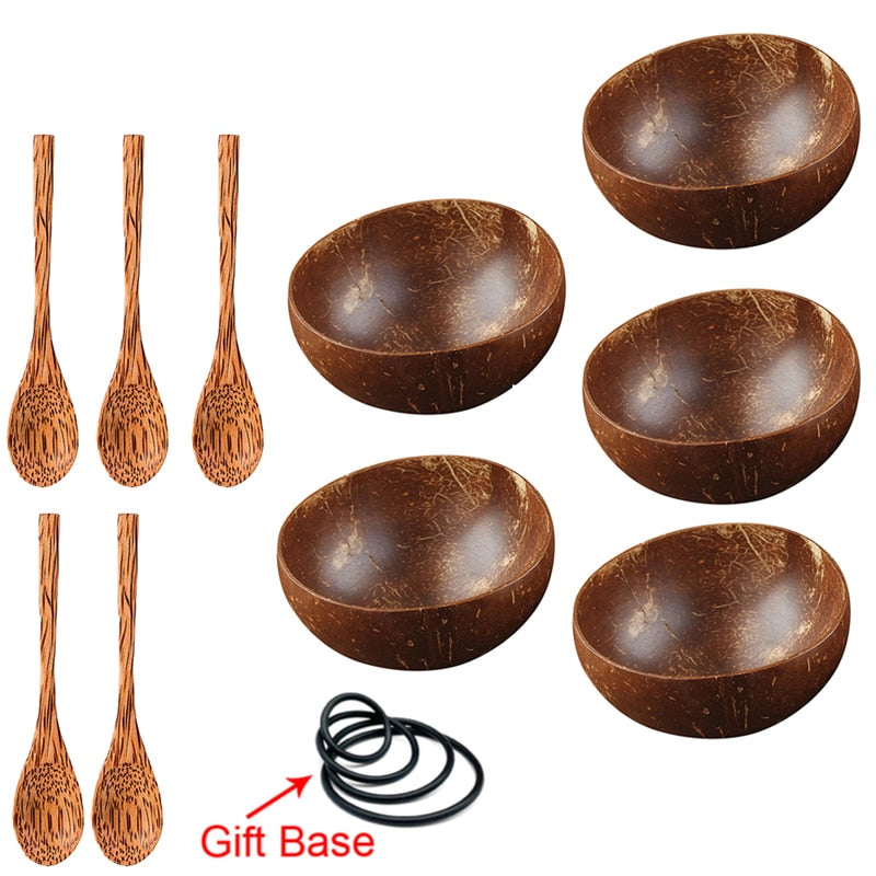 12-15cm Natural Coconut Bowl set wooden Salad Ramen bowl Coconut Wood Spoon Set coco smoothie Kitchen tableware Coconut bowl