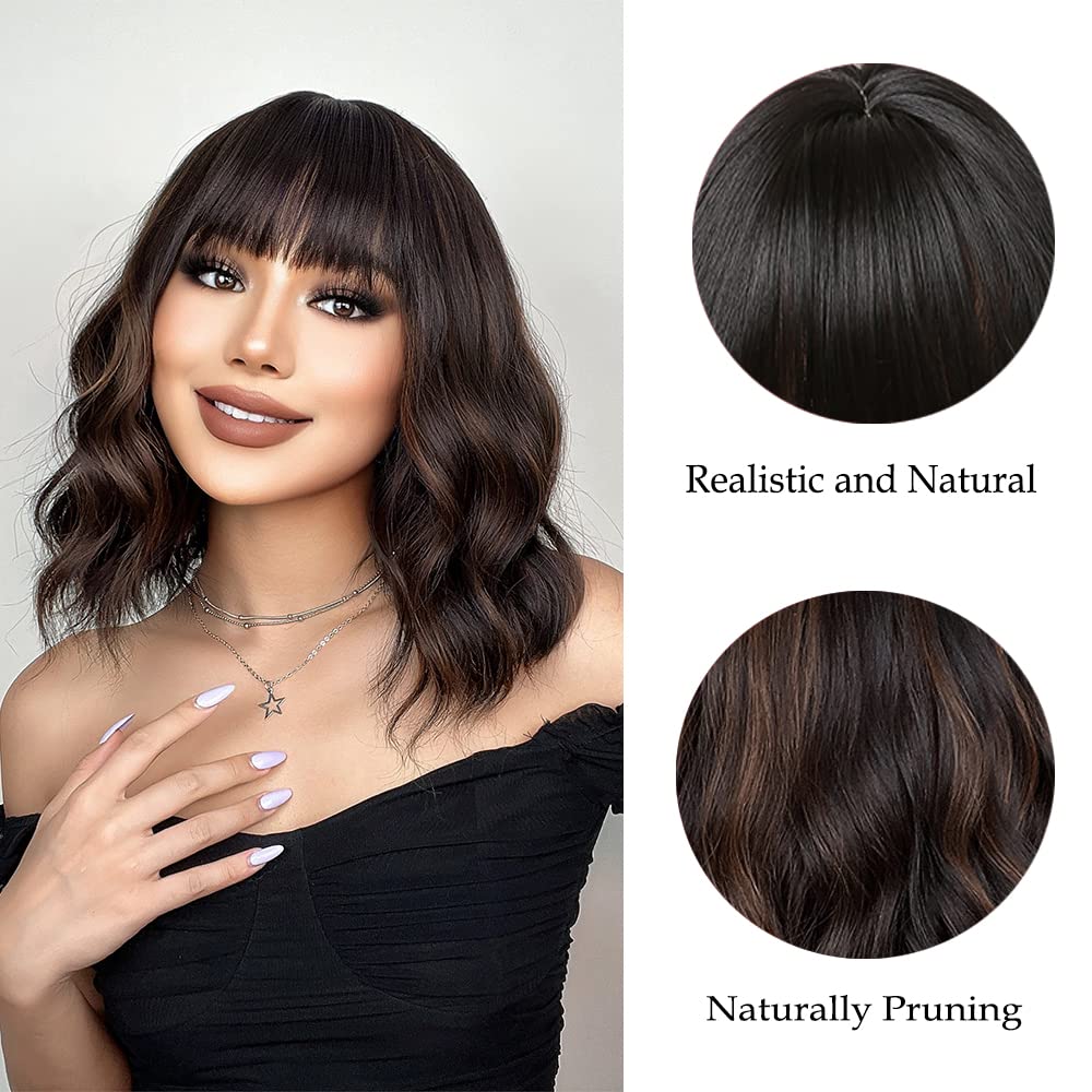 Short Wavy Dark Brown Mixed Golden Wigs with Bangs Black Blonde Bob Synthetic Hair for Women Natural Cosplay Heat Resistant Wig