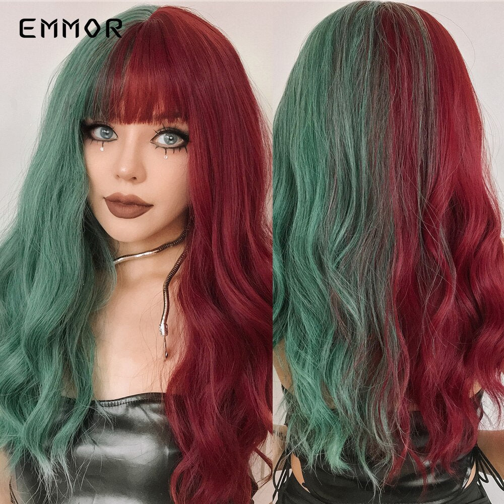 Synthetic Middle Dark Red with Bangs for Women Natural Long Water Wavy Cosplay Hairstyle Heat Resistant Fiber Hair Wigs