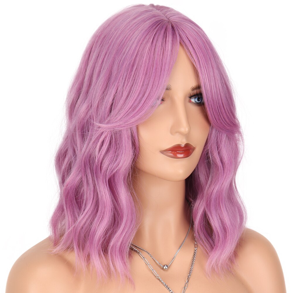 Synthetic Wavy Bob Wigs 14Inch Cosplay Medium Wig With Bangs Natural Hairline Orange Purple Pink Blue Wigs For Women