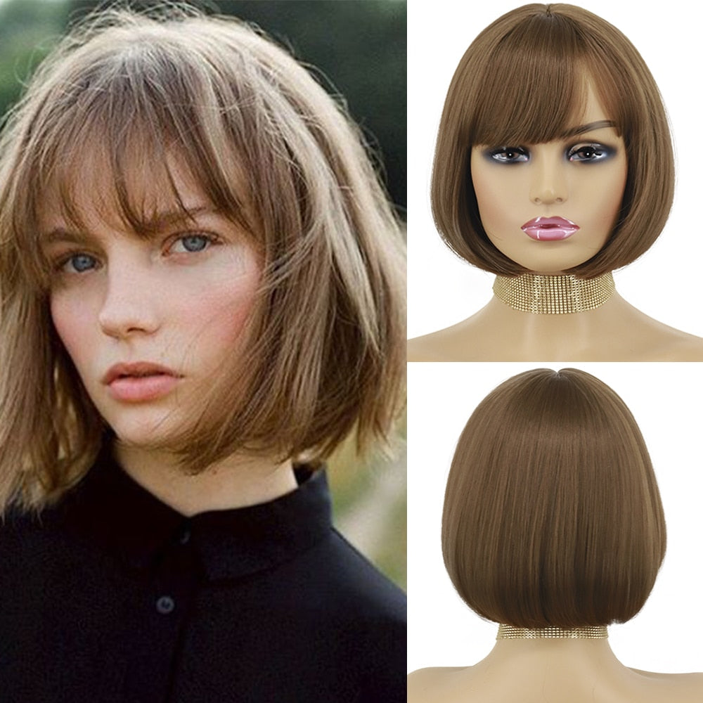 Synthetic Wigs Short Bob With Bangs For Women Ombre Black Red Blonde Pink Lolita Cosplay Party Natural Hair Roll inward
