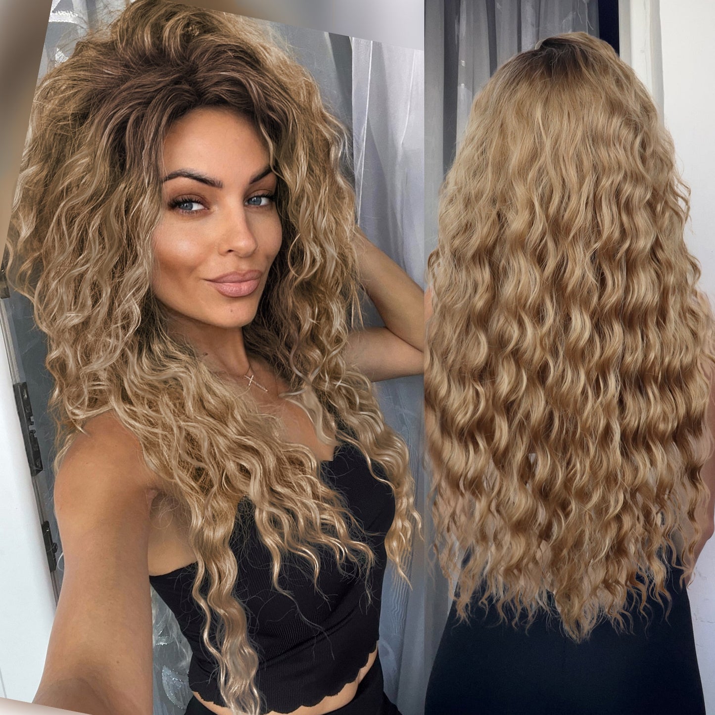 Ash Blonde Wig Synthetic Long Curly Hair Wigs for Women Fluffy Ombre Hairstyle Wave Wig Costume Carnival Party Regular Curly Wig