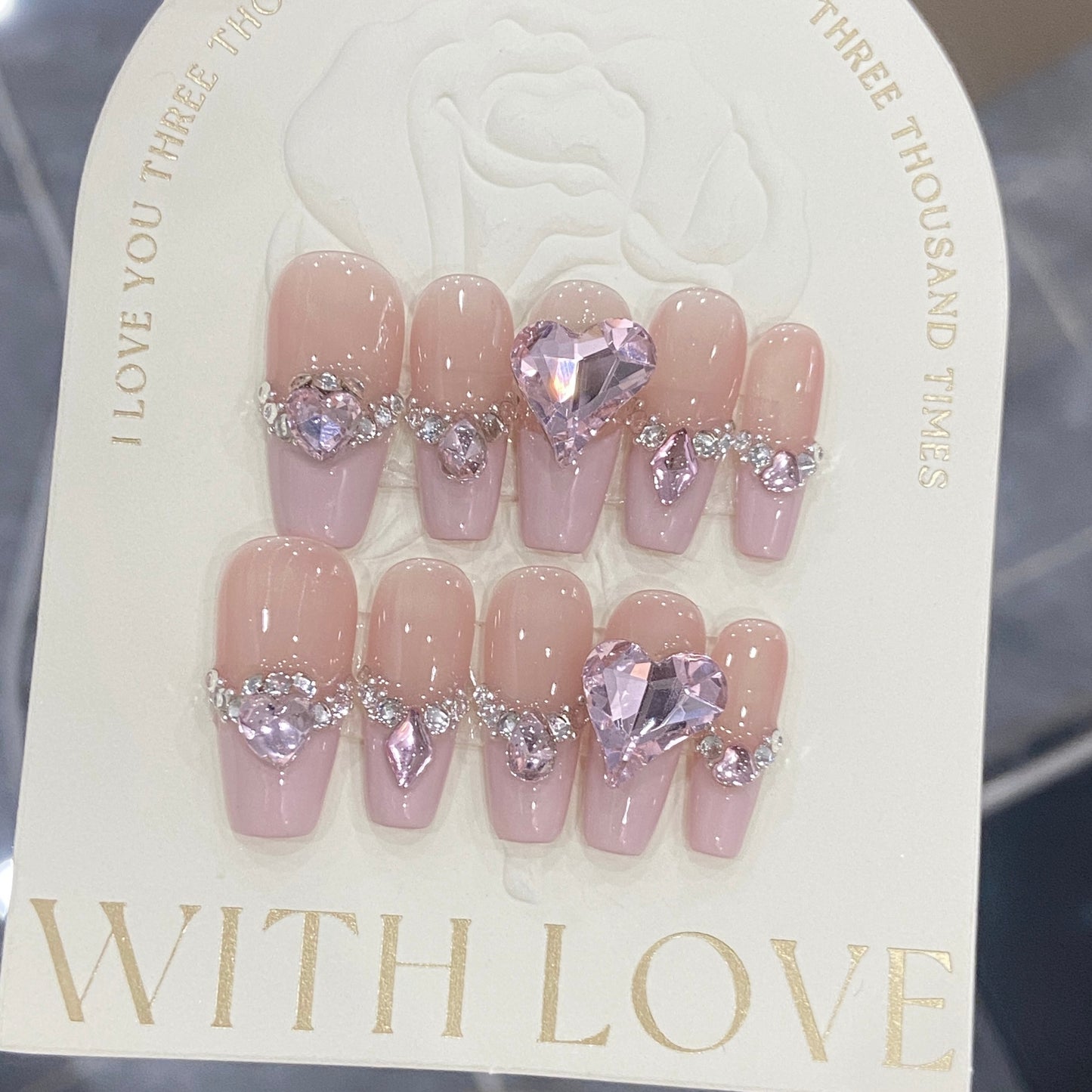 Press on Nails Ballerina Mid Length With Heart Rhinestone Designed Charm False nails With Glue Bling Artificial Nails