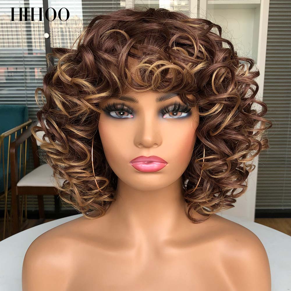 Short Hair Afro Curly Wig With Bangs For Black Women Cosplay Fluffy Glueless Mixed Brown Blonde Wigs Natural High Temperat Red