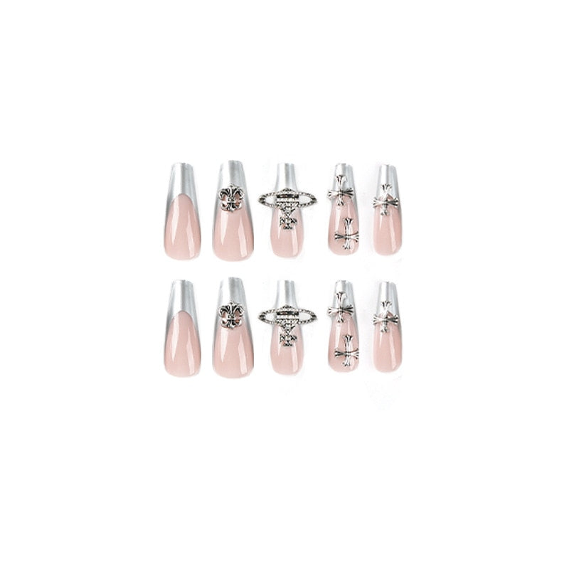 Silver French Tip Press on Nails XXL Reusable Stick on Nails Set Press on