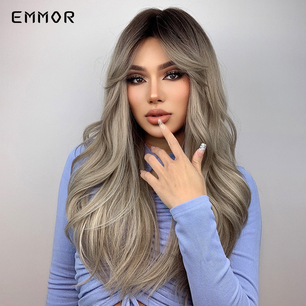 Synthetic Long Wavy Wigs with Bangs Cosplay Natural Ombre Brown to Ash Brown Hair for Women High Temperature Fiber Wig