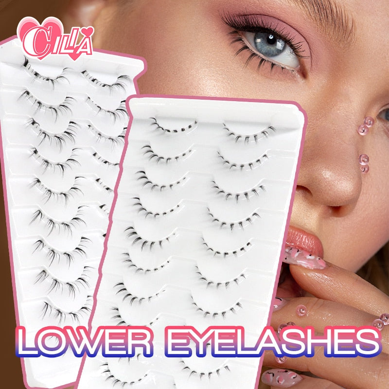 10Pairs Lower Eyelashes Pack Under Eye Lashes Soft Lower Eyelashes 100% Handmade Clear Band Manga Bottom Lashes