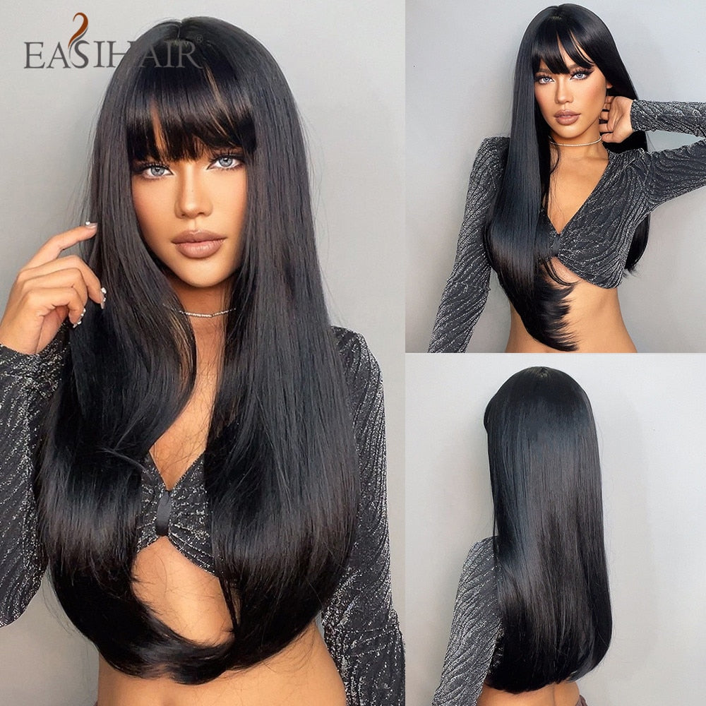 Long Straight Bangs Wigs Natural Ombre Dark Brown Synthetic Hair Wig for Women Daily Cosplay Party Heat Resistant Fiber