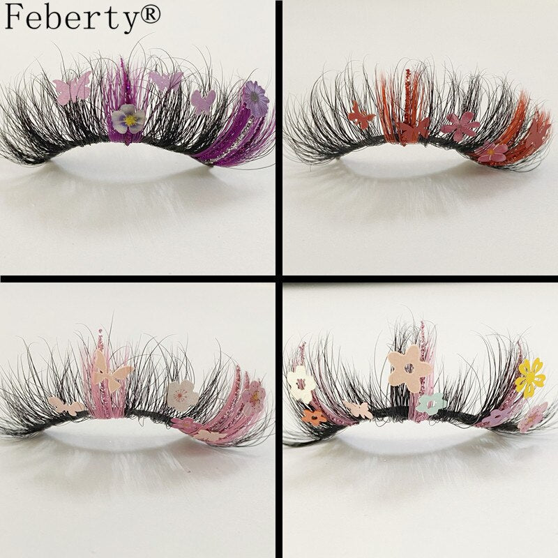 25mm 100% Mink Lashes With Butterflies or flowers glitter colored lashes Full Strip False Eyelash Butterfly Lash