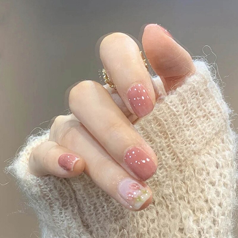24Pcs Cute Short Square Head False Nails Pink Heart 3D Bow Design Fake Nail with Pearl Rhinestones Full Cover Press on Nail Tip
