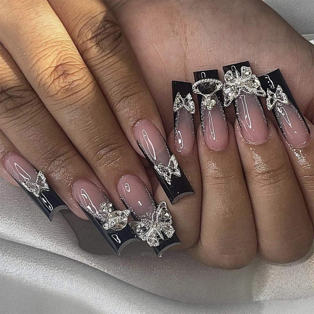 24pcs detachable Extra Long Square head French artificial nails with Diamond acrylic press on nails coffin fake nails with glue