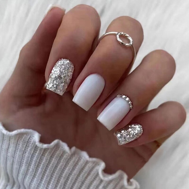 24Pcs Frosted Short Coffin False Nails Blue Purple Glitter with French Design Wearable Fake Nails Ballet Press on Nails Tips
