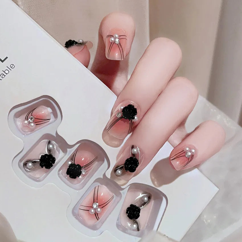 Medium Length Fake Nails 3D Flower Pearl Designs Nude Pink Color Press on Nails Ballerina False Nails for Women DIY Manicure