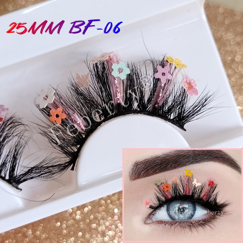 Fluffy lashes 25mm glitter Mink Lashes With Butterfly flowers yellow Pink Green Colorful Lashes Glitter False Eyelashes