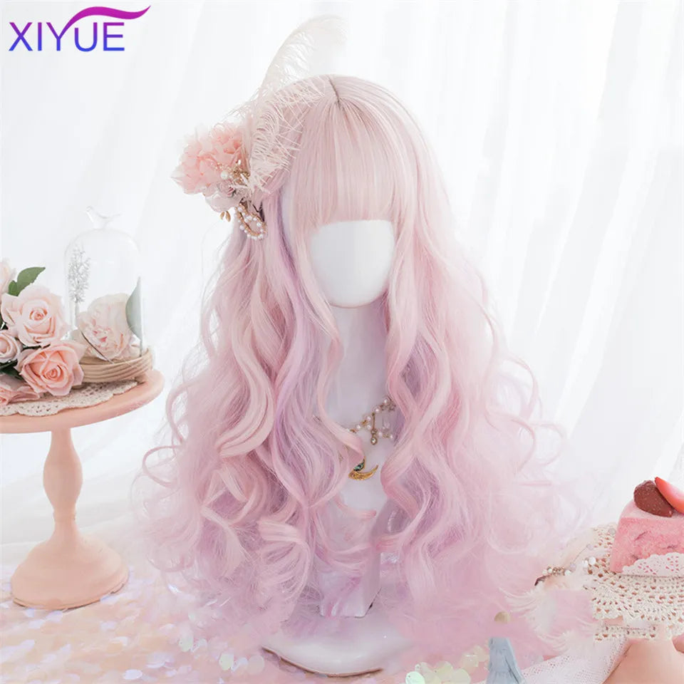 Blue Pink Lolita Wigs Ombre Long Water Wave Cosplay Wigs Synthetic Hair Wigs Heat Resistant For Women