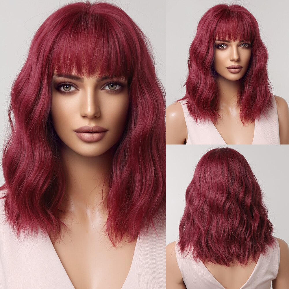 Blobde Ombre Short Bob Synthetic Wavy Wig with Bangs Shoulder Length Wigs for Women Natural Cosplay Hair Heat Resistant