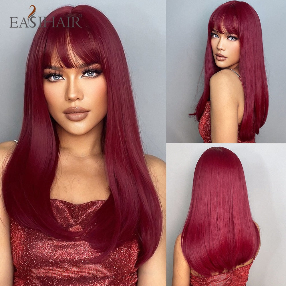 Long Straight Bangs Wigs Natural Ombre Dark Brown Synthetic Hair Wig for Women Daily Cosplay Party Heat Resistant Fiber