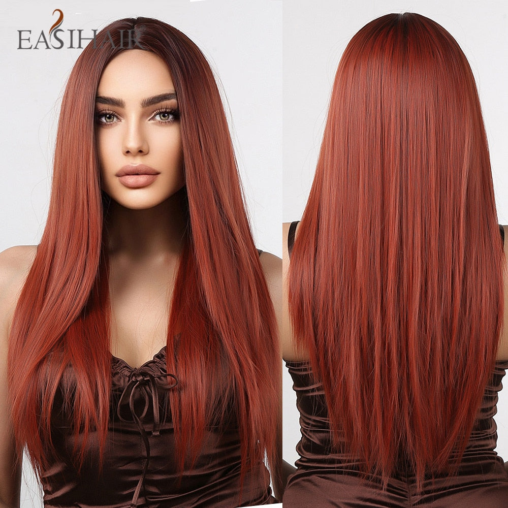 Long Straight Bangs Wigs Natural Ombre Dark Brown Synthetic Hair Wig for Women Daily Cosplay Party Heat Resistant Fiber
