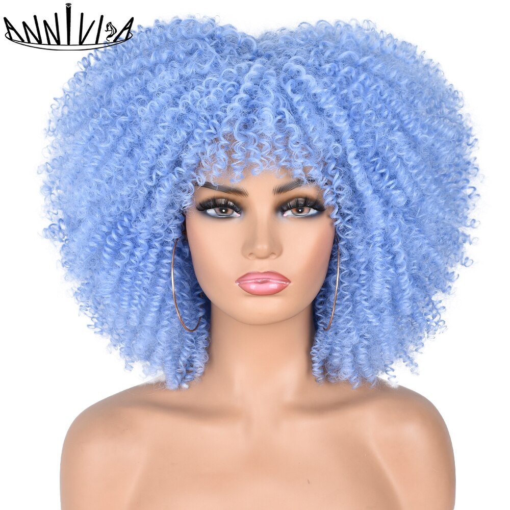 Short Hair Afro Kinky Curly Wigs With Bangs for Black Women Synthetic Ombre Glueless Cosplay Natural Brown Black Pink