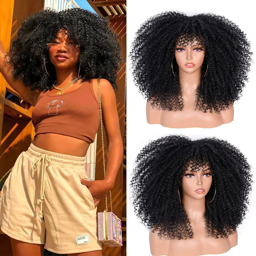 Black Curly Wigs for Black Women Short Curly Afro Wig with Bangs Synthetic Heat Resistant Full Afro Curly Wigs