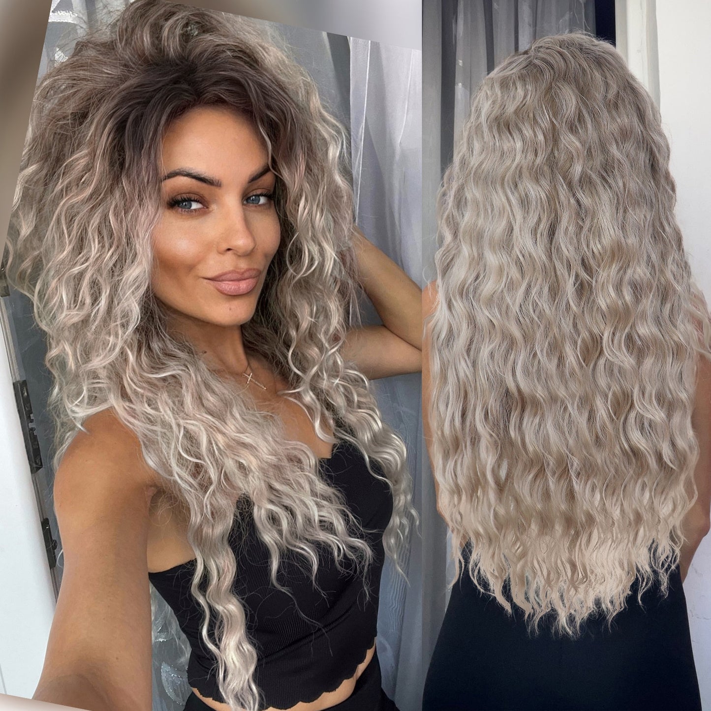 Ash Blonde Wig Synthetic Long Curly Hair Wigs for Women Fluffy Ombre Hairstyle Wave Wig Costume Carnival Party Regular Curly Wig