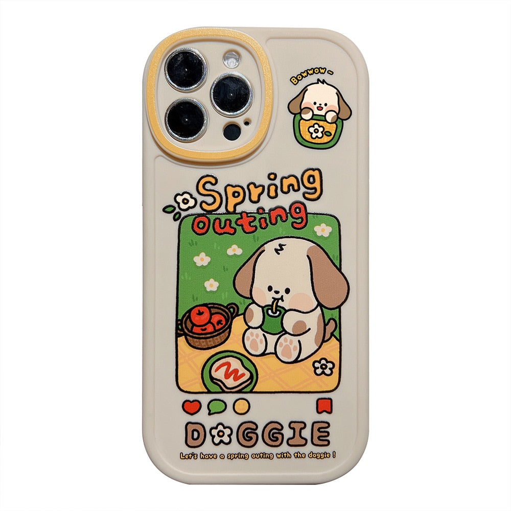 Retro spring picnic puppy dog art Kawaii Phone Case For iPhone 14 13 11 12 Pro Max 14 Plus XR Xs Max X 7 8 Plus Case Cute Cover